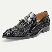 voordelige Premium leren loafers-Premium herenloafers van echt zwart lakleer met spitse neus en franjes, geschikt voor zakenlieden, bruiloftsgasten, banketten, feesten en luxe avondkleding.