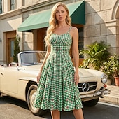 cheap Dresses-1950s Retro Vintage Rockabilly Midi Dress Swing Dress Flare Dress Sleeveless Spaghetti Strap Floral Checkered / Gingham Fit &amp; Flare Swing Sweetheart Neck Fancy Dress Women's Party Dailywear Casual