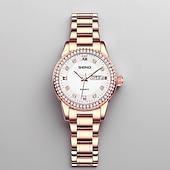 baratos Relógios Quartz-Relógio feminino de luxo, com bisel de diamantes, em aço inoxidável dourado e rosé, elegante e moderno, com janela de dia e data, joia à prova d'água para presentear sua mãe ou esposa.