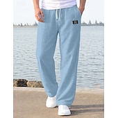 cheap Holiday-Men's Linen Pants Trousers Summer Pants Baggy Pants Beach Pants Drawstring Elastic Waist Straight Leg Plain Comfort Breathable Full Length Casual Daily Holiday Vacation Fashion Loose Fit Blue White