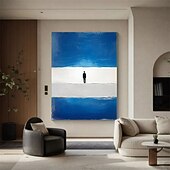 cheap Landscape Paintings-Minimalist Beach Art 100% Hand Painted Blue White Beach Oil Painting Modern Blue Landscape Home Decor Contemporary  Wall Art