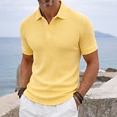 economico Polo Classico da Uomo-Per uomo Top a Maglia a Coste Testurizzato Casuale Lavoro Bavero Colletto Polo a Coste Manica Corta Essenziale Moderno Blocco di colori Bottoni Lavorato a maglia Primavera &amp; Estate Blu Bianco Giallo