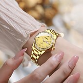 baratos Relógios Quartz-Relógio feminino de luxo, com bisel de diamantes, em aço inoxidável dourado e rosé, elegante e moderno, com janela de dia e data, joia à prova d'água para presentear sua mãe ou esposa.