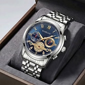 abordables Montres à quartz-Montre homme à cadran bleu, montre-bracelet de luxe à phases de lune, montre analogique bicolore en acier inoxydable avec volant squelette &amp;Coffret cadeau, cadeau élégant et étanche pour homme, argent