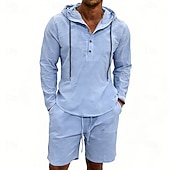 billige Linskjorte i bomull-Herre Linskjorte 2 deler Popover skjorte Og Shorts Lin Shorts Strandshorts Sett عادي Daglig utendørs Feriereise Med hette Langermet Sommer Mote Fritid Bekvem Klær