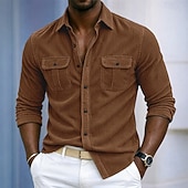 baratos Camisas casuais inteligentes masculinas-Homens Camisa Social Camisa casual Camiseta de Veludo camisa de botão Azul Vermelho Marron Verde Azul Escuro Manga Longa Tecido Colarinho de Camisa Casual Diário Bolso frontal Roupa Elegante Moda
