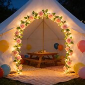 baratos Luzes solares de corda-Luzes solares em formato de trepadeira de rosas, 2m, 20 LEDs, 8 modos, ideais para decoração de pátio, varanda, jardim, à prova d'água, festas de aniversário, praia, piquenique, casamento e feriados.