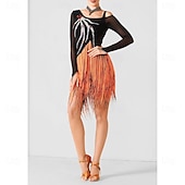 cheap Competition Dress-Women's Latin Dancewear - Black &amp; Orange Rhinestone Mesh Long Sleeve Bodysuit with Rhythmic Tassel Hem for Performance