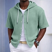 preiswerte Smart Casual Hemden für Herren-Herren Hemd Waffelhemd Freizeithemd Knopfhemd Schwarz Weiß Hellgrün Marineblau Purpur Kurzarm Einfarbig Einfach Mit Kapuze Lässig Täglich Fronttasche Bekleidung Elegant Mode Lässig