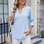 cheap Plain tee-Women's Texture Blouse Eyelet Top Pointelle Tee T Shirt Eyelet Striped Fashion Classic Casual Long Sleeve V Neck Regular Tops Casual Daily Beach Black White Navy Blue Sky Blue Orange Summer Spring