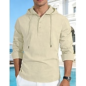 tanie Casualowa koszulka Henley-Męskie Koszula bawełniano-lniana Podkoszulek Koszula Henley Koszulka z długim rękawem Długi rękaw Kaptur Wiosna Jesień Równina Moda Moda miejska Codzienny Ściągana na sznurek Guziki Codzienny Urlop