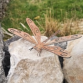 abordables Decoración del patio-Escultura decorativa de libélula 3D de metal oxidado para exteriores, adorno de insecto de jardín de libélula oxidado naturalmente adecuado para jardines exteriores, patios traseros y decoraciones de