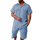 お買い得  メンズベーシックシャツセット-男性用 スタイル ２個 シャツセット そして ショーツ ビーチショーツ 設定 平織り カジュアル 日常 アウトドア 折襟 半袖 夏 ファッション カジュアル 快適 衣類