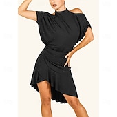 abordables Faldas Latinas-Falda negra asimétrica con volantes para baile latino de mujer - ropa brillante para practicar actuaciones de salsa y cha-cha