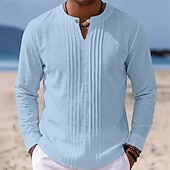 olcso Vakáció-Férfi Ing Vászon ing Nyári póló Stranding Tömör szín Hétköznapi Vakáció Medence Fekete Fehér Khakizöld Hosszú ujj Mandarin gallér Nyár Tavasz Ruházat Fodrozott