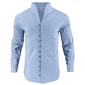 baratos Clássico-Homens Camisa Social Camisa de linho camisa de verão camisa de praia Tecido Casual Férias Preto Branco Rosa Azul Marinha Manga Longa Faixa Verão Primavera Roupa Bolsos