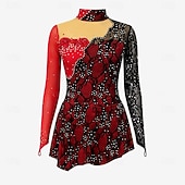 cheap Figure Skating Dresses-Figure Skating Dress Women's Girls' Ice Skating Dress Black+Red Thumbhole Asymmetric Hem Mesh Spandex Lace Stretchy Training Practice Professional Skating Wear Thermal Warm Classic Crystal