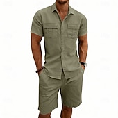 economico Camicie di lino-Per uomo Camicia di lino Due pezzi Set Camicia E Shorts Shorts di Lino Shorts da Spiaggia Impostare Semplice Quotidiano All'aperto Vacanza Collo ripiegato Manica Corta Estate Moda Casual Confortevole