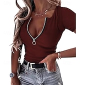 abordables Plain tee-Women's T Shirt Zipper Solid Color Graphic Plain Casual Short Sleeve V Neck Regular Tops Daily Going out Weekend Black Wine Red Gray Summer Spring