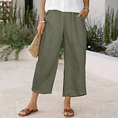 cheap Bottoms-Women's Linen-feel Pants Capri Pants Trousers Summer Shorts Vacation Fashion Basic Full Length High Waist Solid Color Plain Pocket Wide Leg Elastic Waistband Comfort Soft Breathable Inelastic