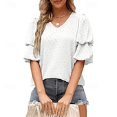 baratos Chiffon Tops-Mulheres Camisa Social Blusa Tops de chiffon Tecido à moda Básico Clássico Manga Curta Manga Princesa Decote V Tops regulares Casual Diário Feriado Azul Preto Branco Vinho Verde Escuro Verão Primavera