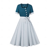 baratos Vestidos-Anos 50 Rockabilly Meio-dia Vestidos Mangas curtas Laço Poá Decote Quadrado Fantasia Mulheres Casual Dia a Dia Festa de Chá Adulto Vestido Primavera Verão