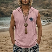 abordables Translation-Sweat à capuche sans manches pour homme, style bohème vintage tribal, imprimé soleil céleste, ourlet brut effiloché, coupe ample, col en V, idéal pour la plage, les vacances et les festivals.