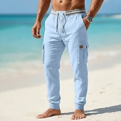 ieftine Vacanţă-Bărbați Pantaloni de in Pantaloni de vară Pantaloni largi Cordon Talie elastică Picior drept Simplu Confort Respirabil Lungime totală Casual Zilnic În aer liber Vacanță Modă Albastru piscină Negru