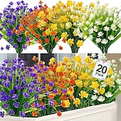 abordables Artificial Flower-20 Bundles Artificial Flowers for Outdoors, Summer Spring Grass Camellia Fake Flowers Plastic Plants, UV Resistant No Fade Faux Greenery for Gardens Porch Cemetery Decor