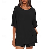 cheap Women's Blouse Suits-Women's Two Piece Sets Shorts Sets Short Sleeve Round Neck Plain Fashion Streetwear Casual Daily Outdoor Black Brown Summer Regular Fit