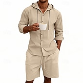 Χαμηλού Κόστους Βαμβακερό Λινό Πουκάμισο-Ανδρικά Πουκάμισο λινό 2 Κομμάτια Σετ πουκαμίσου Και Σορτσάκια Σορτς από λινό Σορτς παραλίας Σειρά Σκέτο Καθημερινά ΕΞΩΤΕΡΙΚΟΥ ΧΩΡΟΥ Διακοπές Με Κουκούλα Μακρυμάνικο Καλοκαίρι Άνοιξη