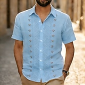 voordelige Etnisch patroon-Voor heren Geometrisch Etnisch Bloemen Overhemd Guayabera-shirt Overhemd met knopen Korte mouw Vintage Retro Dagelijks Buiten Vakantie Zomer Lente Strijkijzer 3D-afdrukken Linnenachtig shirt blauw
