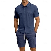 baratos Camisa Algodão Linho-Homens Camisa de linho 2 Peças Conjunto de camisa E Bermuda Cargo Calção Shorts de linho Definir Tecido Diário Ao ar livre Férias Aberto para a Lateral Manga Curta Verão Moda Casual Confortável Roupa