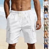 cheap Holiday-Men's Cotton Linen Shorts Shorts Summer Shorts Beach Shorts Drawstring Pocket Elastic Waist Plain Comfort Breathable Knee Length Outdoor Beach Vacation Vacation Fashion Black White Inelastic