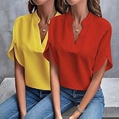 cheap Plain Blouses-Multi Packs 2pcs Women's V Neck Short Sleeves Yellow+Blue Blouse Jeans Sexy Plain Solid / Plain Color Casual Daily Spandex Summer