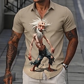 billige Vintage Shirt-Men's Funny Cartoon Character Old Man Shirt Summer Shirt Button Up Shirt Short Sleeve Vintage Retro Daily Outdoor Vacation Summer Spring Turndown 3D Print Collared Shirts Blue Black Khaki