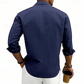 preiswerte Klassiker-Herren Hemd Leinenhemd Sommerhemd Strandhemd Einfach Lässig Urlaub Schwarz Weiß Marineblau Khaki Langarm Umlegekragen Sommer Frühling Bekleidung Patchwork