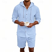 Χαμηλού Κόστους Βαμβακερό Λινό Πουκάμισο-Ανδρικά Πουκάμισο λινό 2 Κομμάτια Σετ πουκαμίσου Και Σορτσάκια Σορτς από λινό Σορτς παραλίας Σειρά Σκέτο Καθημερινά ΕΞΩΤΕΡΙΚΟΥ ΧΩΡΟΥ Διακοπές Με Κουκούλα Μακρυμάνικο Καλοκαίρι Άνοιξη