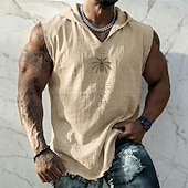 preiswerte Camisetas tropicales de vacaciones-Herrenweste mit geometrischem, maritimem Palmen-, Sonnen- und Segelbootmuster im Boho-Stil, ärmellos, mit Kapuze, aus Baumwoll-Leinen-Mischgewebe, ausgefranstem Saum, lockerer Passform, ideal für