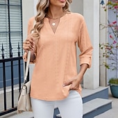 cheap Plain tee-Women's Texture Blouse Eyelet Top Pointelle Tee T Shirt Eyelet Striped Fashion Classic Casual Long Sleeve V Neck Regular Tops Casual Daily Beach Black White Navy Blue Sky Blue Orange Summer Spring