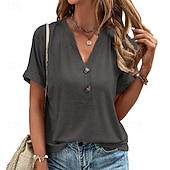 cheap Plain Blouses-Women's Shirt Popover Shirt Casual Shirt Cotton Shirt Solid Color Plain Vacation Vintage Fashion Short Sleeve V Neck Regular Tops Streetwear Beach Holiday Blue Black Pink Khaki Grey Summer Spring Fall
