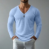 cheap Cotton Linen T-shirts-Men's Tee Top Linen T-Shirt Long Sleeve V Neck Spring &amp; Summer Summer Spring Solid Color Daily Casual Street Style Plain Casual Outdoor Street Blue Lake blue Black Top Tee for Men