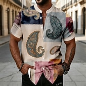 cheap Ethnic Pattern-Men's Paisley Patchwork Floral Print Shirt Button Up Shirt Stand Collar Shirt Short Sleeve Ethnic Vintage Retro Vacation Dailywear Beach Wear Summer Spring Mandarin Collar 3D Print Linen Like Shirt