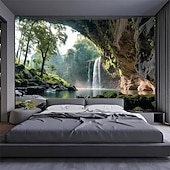 ieftine Tapiserie Pereți-Paradis tropical, cascadă, piscină, palmieri, peisaj natural, tapiserie de perete, fundal textil mare, pentru living, dormitor, cămin, birou, decor de perete, artă murală