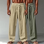 cheap Classic-Men's Linen Pants Trousers Summer Pants Baggy Pants Beach Pants Drawstring Elastic Waist Straight Leg Plain Comfort Breathable Full Length Casual Daily Outdoor Vacation Fashion Green+Gray White+Navy