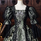 abordables Vestidos-Rococo Baroque Ball Gown Floor Length Dress Ball Gown Puff Balloon Sleeve Princess Bridal Lace Floral Ball Gown Square Neck Fancy Dress Women's Royal Halloween Carnival Masquerade Tea Party Party