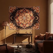 ieftine Tapiserie Pereți-Tapiserie de perete cu mandala boho, semilună, noapte înstelată, floare, agățat de perete, portocaliu ars, hippie, artă psihedelică, poster mare din material textil, pentru dormitor, cămin, living,