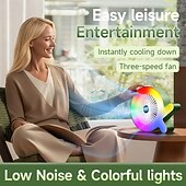 お買い得  携帯扇風機-カラフルなRGB LEDライト付きQ字型卓上ファン、3段階速度調節可能な静音パーソナルテーブルファン、オフィス、寝室、寮のナイトスタンドに最適なポータブルUSB充電式小型ファン、クリエイティブな冷却ファンナイトライトギフト