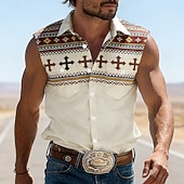 abordables camisas occidentales de los hombres-Hombre Cruz Étnico Bloqueo de color camisa occidental Camisa vaquera Camisa sin mangas Sin Mangas Vintage estilo occidental Exterior Vacaciones Verano Primavera Cuello Vuelto Impresión 3D Camisas con