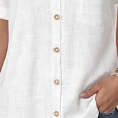 economico Bluse Semplici-Camicia da donna in 100% cotone camicie di lino camicia da spiaggia camicia con bottoni patchwork taschino di colore solidale semplice vacanza moda casual a maniche corte colletto ribaltabile top